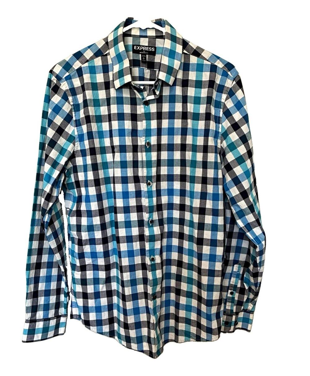 Express Men's M Blue White Gray Check Cotton Woven Long Sleeve Modern Fit Shirt